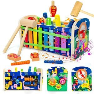 8-in-1 Wooden Hammering Pounding Toy for Baby Boys and Girls Aged 1 2 3 4, Wood